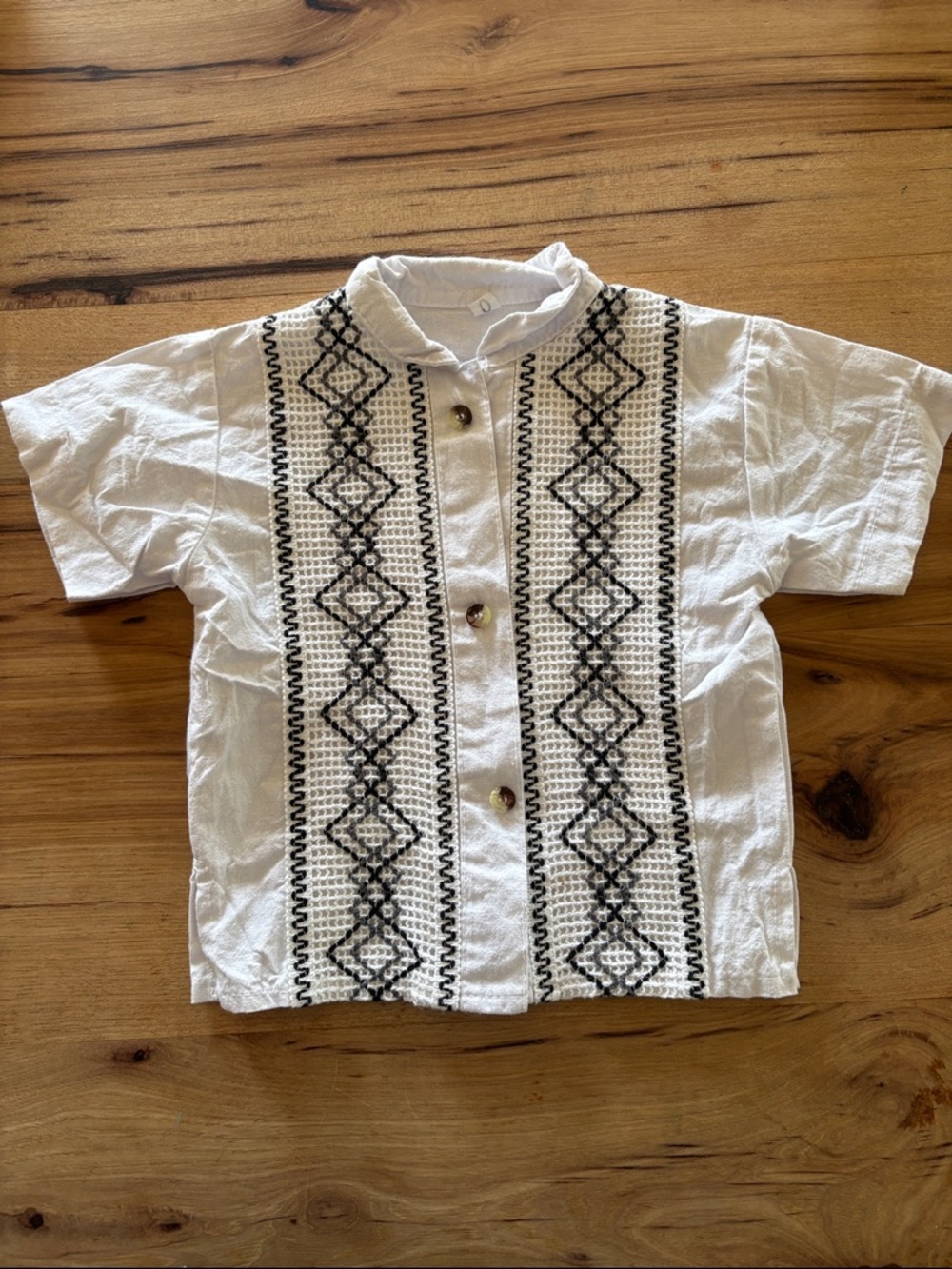 Greek White Linen Short-Sleeve Kids Button-Down Shirt with Black Embroidery